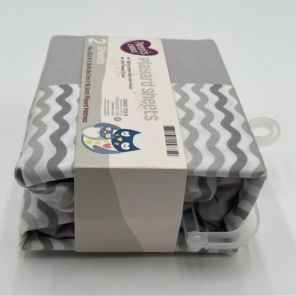 Parents Choice Playard Sheets Grey White Cotton Unisex Colors 2 Sheet Set